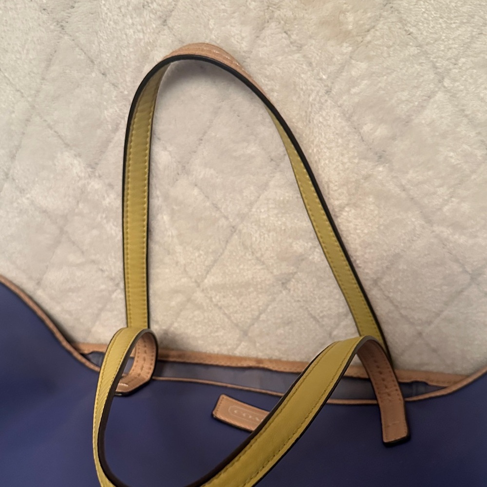 Project Coach Blue Leather Tote with Tan Accents/ handles are tan and yellow - Picture 8 of 16
